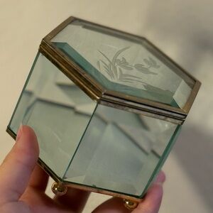 Vintage Hexagonal Glass Jewelry Box with Brass Trim